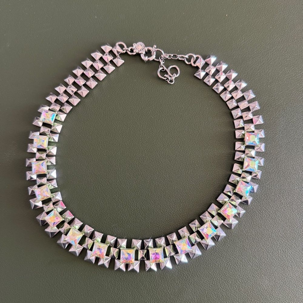 J.Crew Silver Iridescent Crystal Statement Necklace NWOT